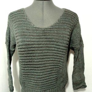 LEFT ON HOUSTON Sweater Top XS Blue Gray Brown ribbed knit Scoop neck 3/4 sleeve